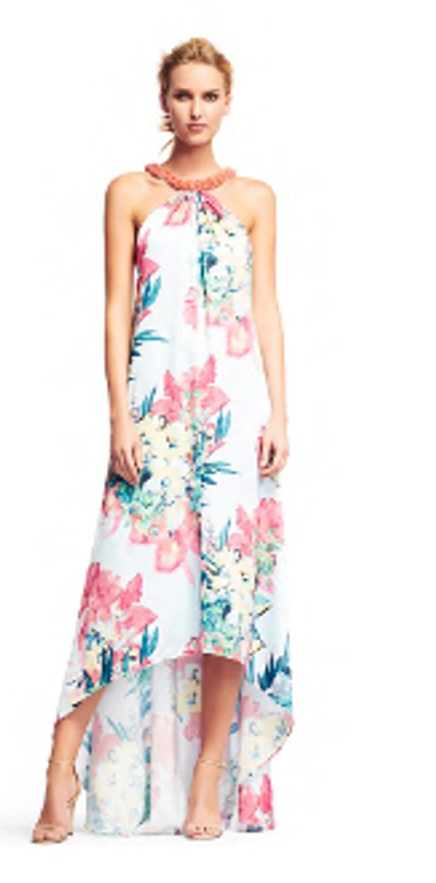 Shop Aidan Mattox Sleeveless Floral High-low Gown In Blue Multi