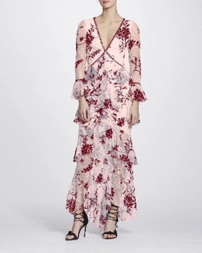 Shop Marchesa Notte Fall/winter 2018  Long Sleeve Flocked Lace Gown In Blush