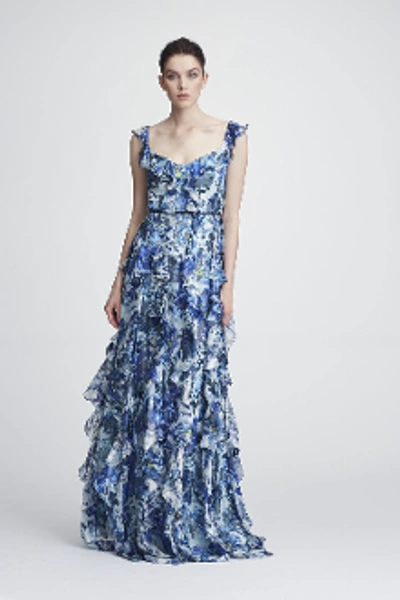 Shop Marchesa Notte Resort 2018-19  Sleeveless Printed Burn-out Silk Gown In Blue