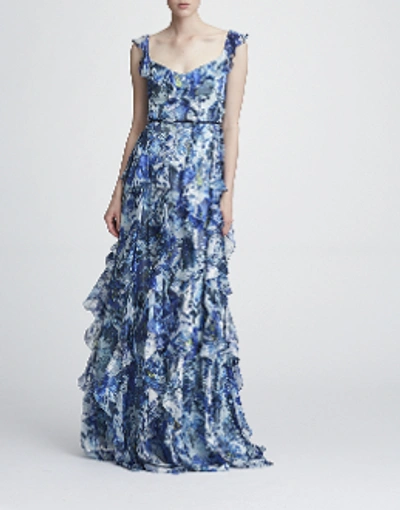 Shop Marchesa Notte Resort 2018-19  Sleeveless Printed Burn-out Silk Gown In Blue