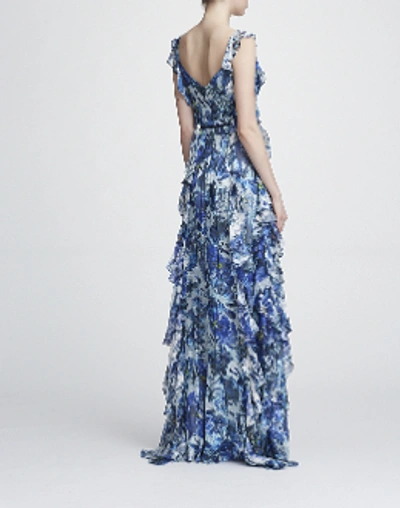 Shop Marchesa Notte Resort 2018-19  Sleeveless Printed Burn-out Silk Gown In Blue