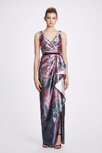 Shop Marchesa Notte Sleeveless Metallic Jacquard Draped Gown