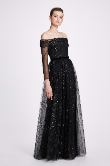 black off the shoulder tulle dress