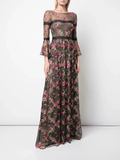 Shop Marchesa Notte Embroidered Sleeve Tulle Gown In Black