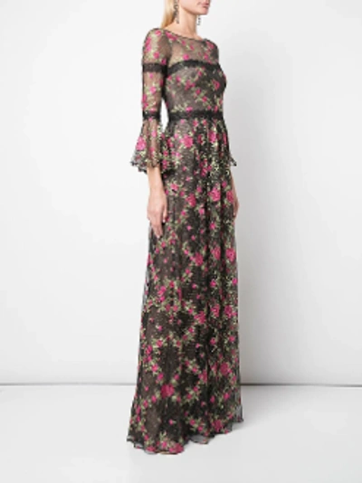 Shop Marchesa Notte Embroidered Sleeve Tulle Gown In Black