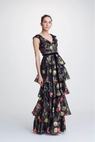 Shop Marchesa Notte Metallic Printed Tiered Evening Gown In Black