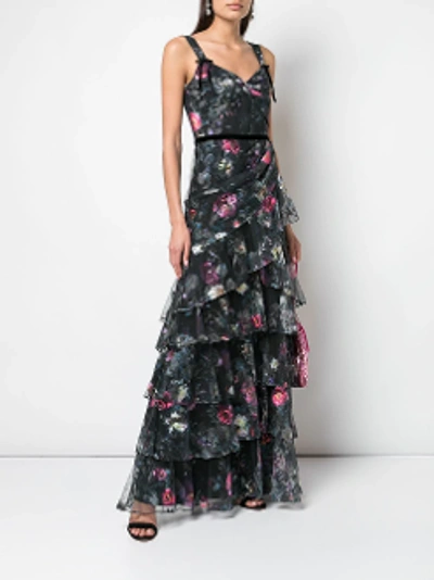 Shop Marchesa Notte Metallic Printed Tiered Evening Gown In Black