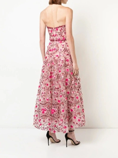 Shop Marchesa Notte Strapless Floral Embroidered Midi Dress N26g0728 In Blush