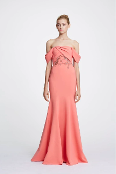 Shop Marchesa Notte Off The Shoulder Beaded Embroidered Crepe Gown