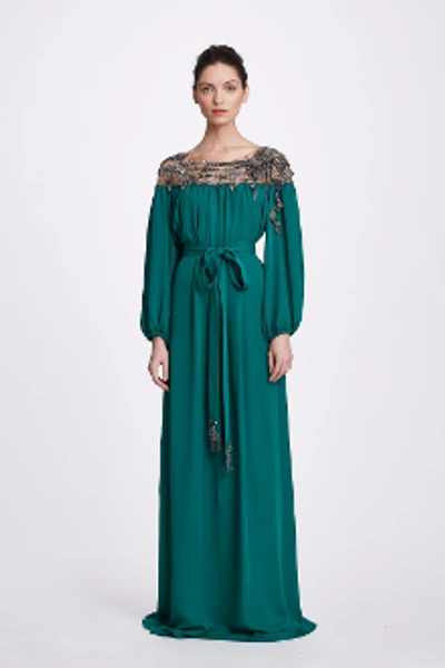 Shop Marchesa Fall 2019  Couture Embellished Long Sleeve Silk Caftan In Emerald