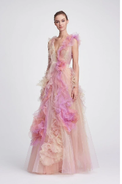 Shop Marchesa Resort 2018-19  Couture Plunging V Neck Silk Tulle Ball Gown In Sorbet