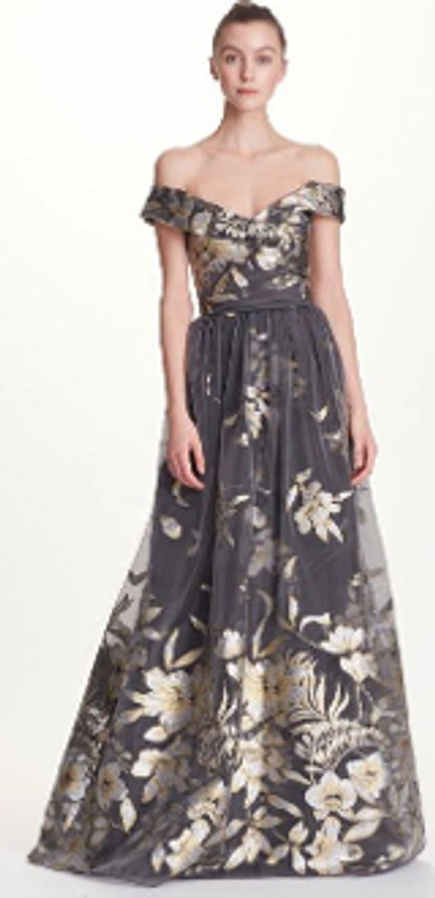 Shop Marchesa Notte Silver Floral Off The Shoulder Evening Gown N22g0613