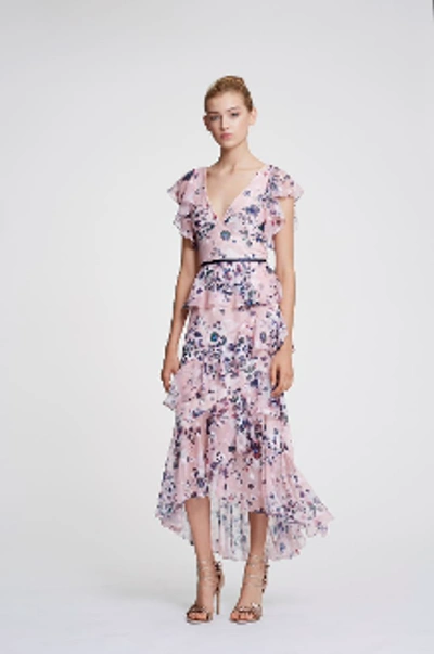 Shop Marchesa Notte Spring 2019  Short Sleeve Floral Chiffon Midi Dress In Blush