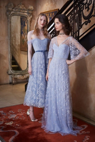 Off Shoulder Glitter Tulle Midi Gown In Light Blue