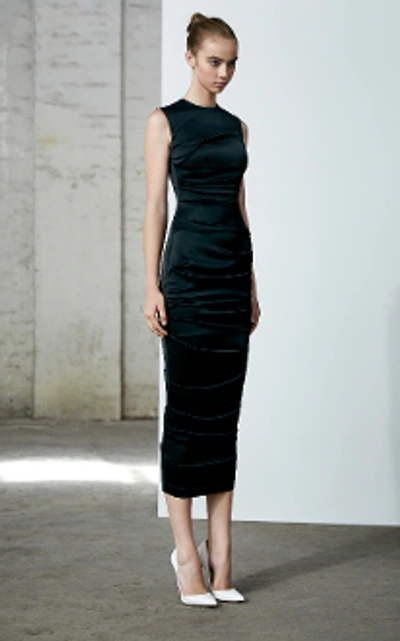 Shop Alex Perry Damon-ruched Satin Sleeveless Midi Dress In Black