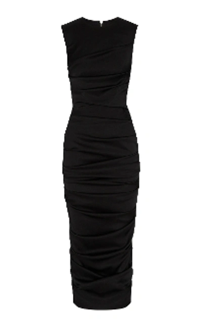Shop Alex Perry Damon-ruched Satin Sleeveless Midi Dress In Black
