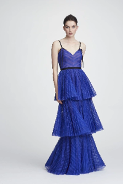 Shop Marchesa Notte Sleeveless Striped Lace Tiered Gown In Royal Blue