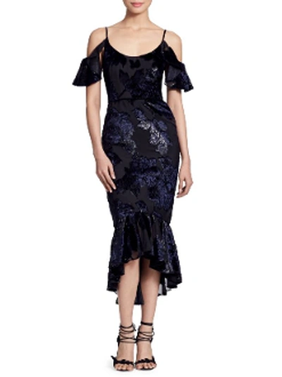 Shop Marchesa Notte Black Cold Shoulder Fitted Midi_tea Dress N24c0673