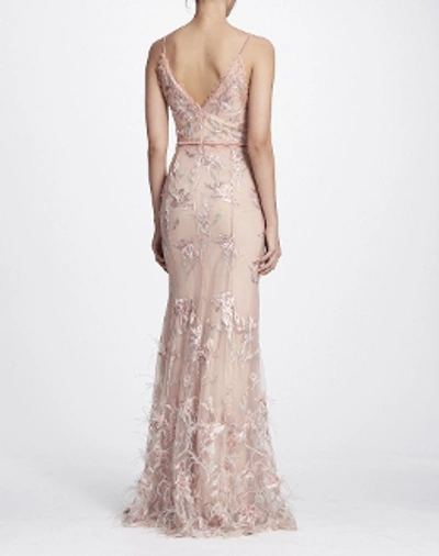 Shop Marchesa Notte Feather Embroidered Sleeveless Gown N25g0653 In Blush