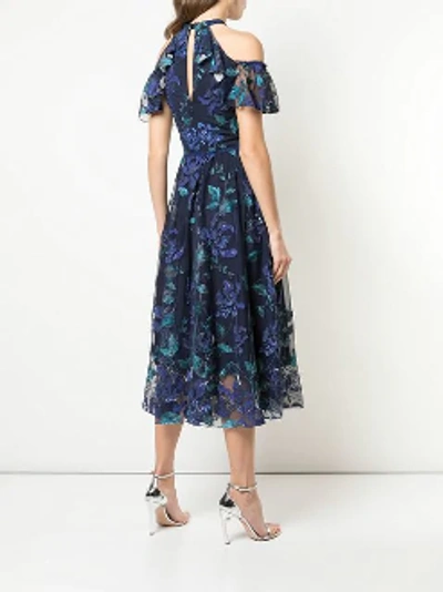 Shop Marchesa Notte Spring 2019  Floral Cold Shoulder Midi Tea Dress In Navy