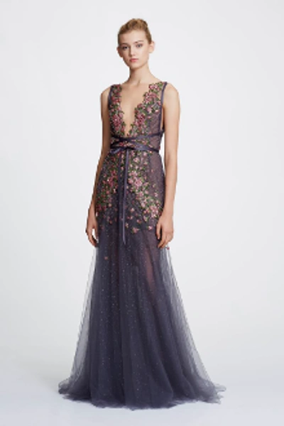 Shop Marchesa Sleeveless Illusion V Neck Tulle Gown In Charcoal
