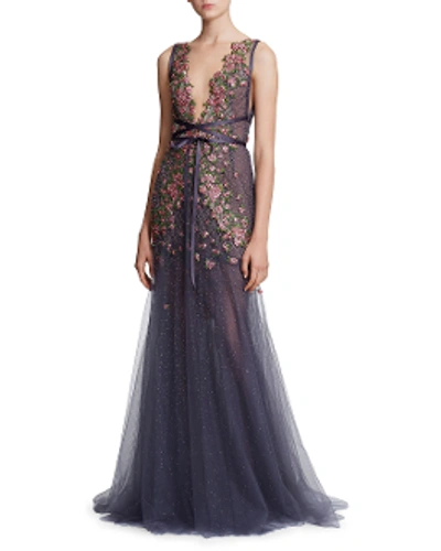 Shop Marchesa Sleeveless Illusion V Neck Tulle Gown In Charcoal