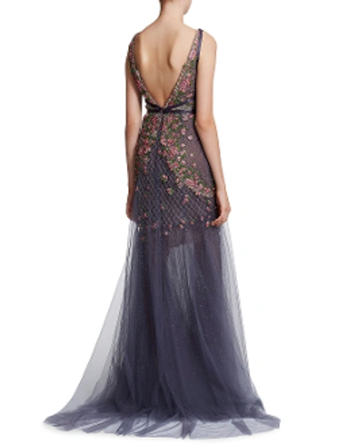 Shop Marchesa Sleeveless Illusion V Neck Tulle Gown In Charcoal