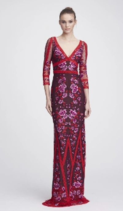 Shop Marchesa Notte Sleeve V Neck Lace Gown In Wine