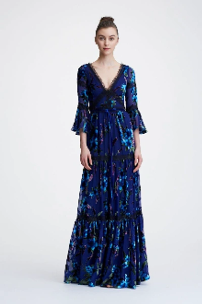 Shop Marchesa Notte Flounce Sleeve Printed Velvet Burnout Gown N26g0718 In Navy