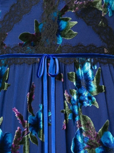 Shop Marchesa Notte Flounce Sleeve Printed Velvet Burnout Gown N26g0718 In Navy