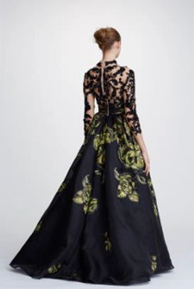 Shop Marchesa Pre-fall 2019  Couture Long Sleeve Floral Jacquard Ball Gown In Black/citrine