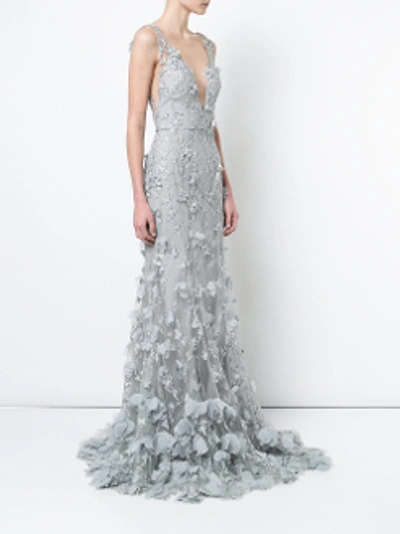 Shop Marchesa Notte Silver Sleeveless Embroidered Gown N20g0528