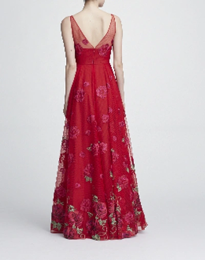 Shop Marchesa Notte Sleeveless Floral V Neck Gown In Red