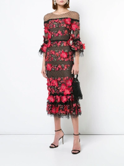 Shop Marchesa Notte Sleeve Midi Tea Cocktail Dress In Black/red