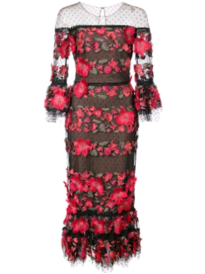 Shop Marchesa Notte Sleeve Midi Tea Cocktail Dress In Black/red