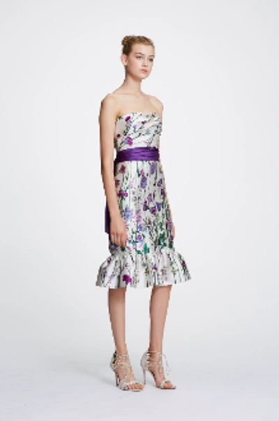 Shop Marchesa Notte Strapless Floral Printed Mikado Dress N29c0853 In Ivory