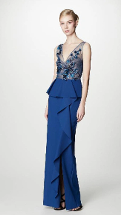 Shop Marchesa Notte Blue Sleeveless Floral Crepe Column Gown N15g0408 In Peacock