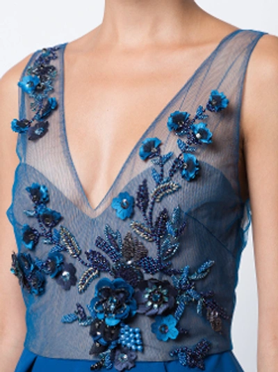 Shop Marchesa Notte Blue Sleeveless Floral Crepe Column Gown N15g0408 In Peacock