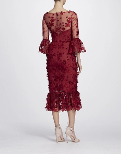 Shop Marchesa Notte 3/4 Sleeve Embroidered Red Midi-tea Dress