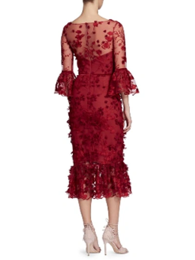 Shop Marchesa Notte 3/4 Sleeve Embroidered Red Midi-tea Dress