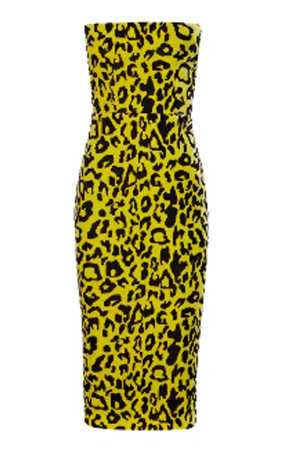 Shop Alex Perry Nolan-strapless Velvet Leopard Midi Dress In Yellow-black