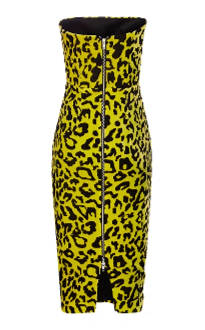 Shop Alex Perry Nolan-strapless Velvet Leopard Midi Dress In Yellow-black