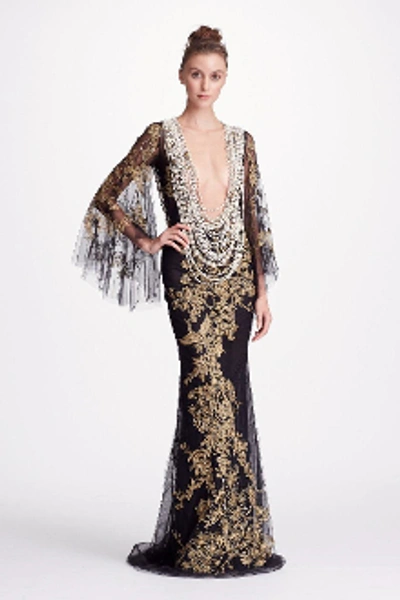 Shop Marchesa Couture Black Gold Embroidered Tulle Gown M21835 In Black_gold
