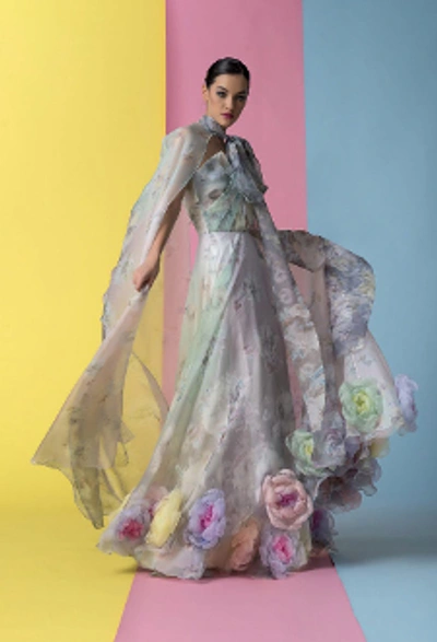 Shop Isabel Sanchis Strapless Floral Roman Evening Gown W/ Cloak In Purple Multi