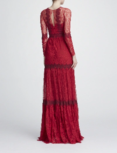 Shop Marchesa Notte Long Sleeve Mixed Lace Gown In Red