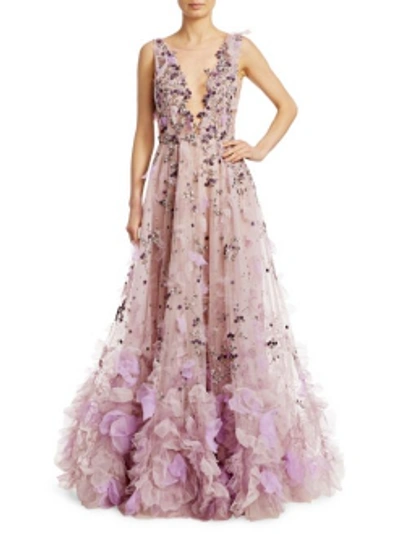 Shop Marchesa Plunging V-neck Floral Tulle Gown