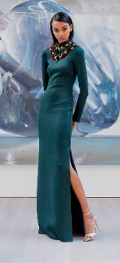 Shop Badgley Mischka Pre-fall 2019  Embellished Long Sleeve Gown In Dark Emerald