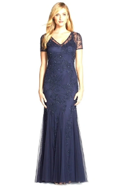 Shop Adrianna Papell Short Sleeve Illusion Godet Gown In Navy