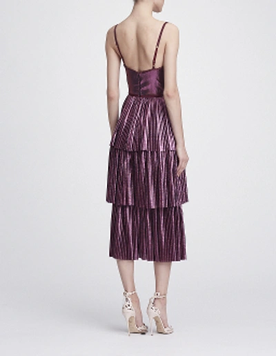 Shop Marchesa Notte Resort 2018-19  Sleeveless Pleated Lame Midi Tea Dress In Lilac