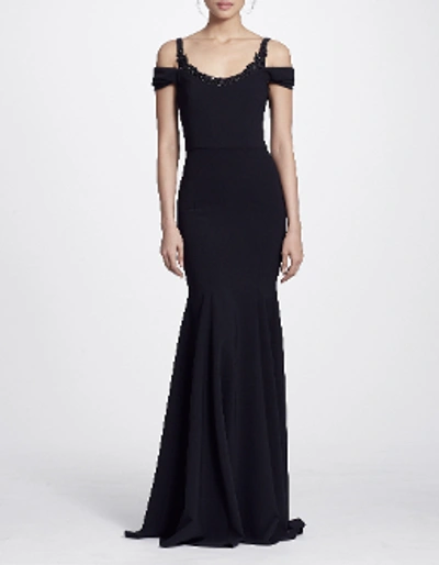 Shop Marchesa Notte Cold Shoulder Stretch Crepe Gown N25g0638 In Black